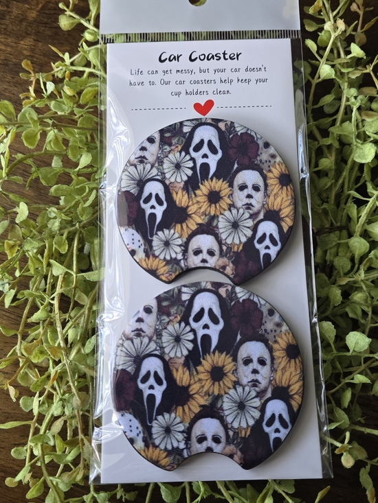 Handmade Accessories - Car Coaster Set - Floral Horror Pattern in Black, Yellow & White